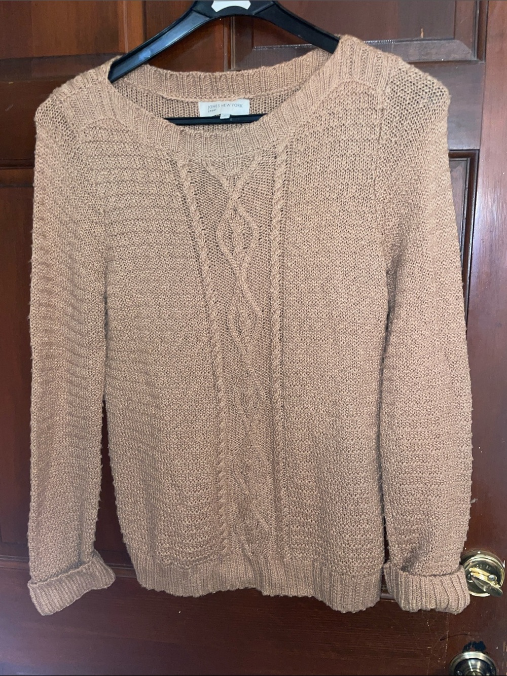 Jones New York Taupe Cable Knit Crewneck Sweater